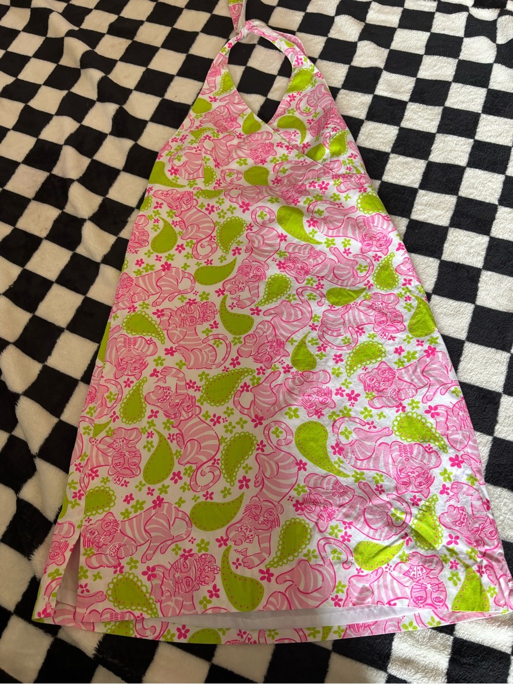 Size 14 vintage Lilly Pulitzer halter dress featuring the "Black Jack" cat